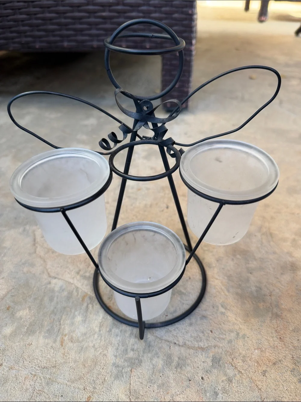 Black Metal Angel Votive Candle Holder with Frosted Glass Cups